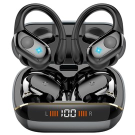 Wireless Earbuds, 75H Bluetooth 5.4 Headphones, Sport Wireless Earphones with 4 ENC Mic, Stereo Bass, IP7, Bluetooth with Earhooks for Workout/Running/Work, Dual LED Display Ear Buds, Deep Black