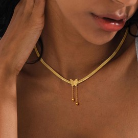 Hothrty Bow Necklace 14K Gold Plated Pendant Butterflyknot Herringbone Choker Gold Ribbon Jewelry Trendy Bowknot Choker for Woman