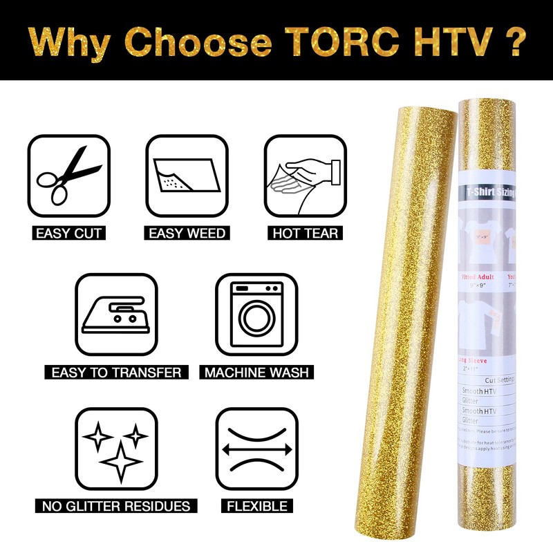 TORC Gold Glitter HTV Heat Transfer Vinyl 2 Rolls Iron