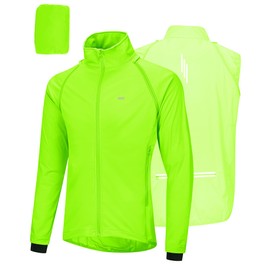 33,000ft Men's Cycling Jacket, Waterproof, Breathable, UV Protection, Lightweight Cycling Vest with Removable Sleeves, Reflective Rain Jacket, Running Jacket, Packable Jacket for Men, Green