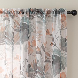 MEETSKY Floral Sheer Curtains 84 inches Long, Rod Pocket Curtains for Living Room/Bedroom, Light Filtering Semi Sheer Botanical Printed Drape, Set of 2 Panels, Orange, 52 x 84 inch