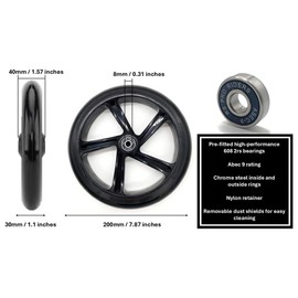 RSProRiders - 200mm x 30mm Scooter Replacement Wheels Tyres Pre-fitted Abec 9 Bearings City Scooter Wheel PU Material