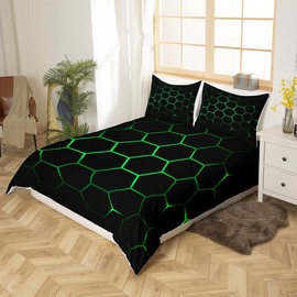 Hexagonal Bedding Set 3D Geometric Honeycomb Duvet Cover for Kids Boys Girls Beehive Hexagon Comforter Cover Neon Green Black Bedding & Linen 3Pcs Double