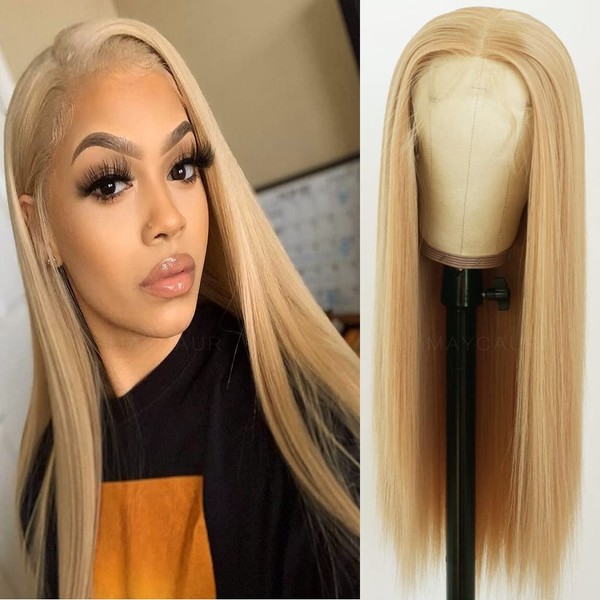 Maycaur Blonde Lace Front Wigs Blonde Wig Long Straight Glueless Hair Heat Resistant Fiber Hair Synthetic Lace Front Wigs for Fashion Women 24 Inch