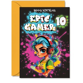 10th Birthday Card Girls - Epic Gamer Girl - Happy Birthday Card for 10 Year Old Girl Kids, 5x7 Inch Ten Tenth Bday Video Game Gaming Greeting Cards