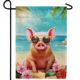 America Forever Tropical Beach Summer Funny Pig Garden Flag 12.5 x 18 inch Double Sided Cute Pink Pig Floral Coastal Yard Outdoor Decor