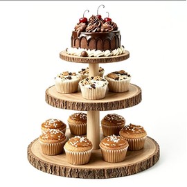 3-Tier Round Wooden Cupcake Stand, Rustic Natural Bark Wood Dessert Display Tower Platter for Wedding, Birthday, Baby Shower, Tea Party & Farmhouse Party Buffet