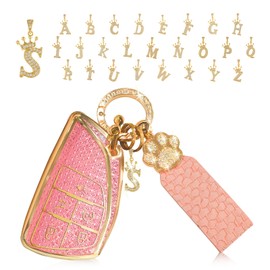 Key Fob Cover with Rhinestone Cat Paw Crown Letter Keychain, TPU Shell for 2021-2024 Tahoe, Suburban, Yukon Denali, Silverado, 5 Button Key Protector for Women (S)