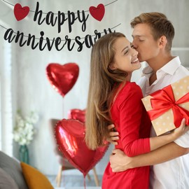 AIBAOBAO Happy Anniversary Bunting Banner, Happy Anniversary Party Decorations, Bunting Garland Hanging Decoration with Hearts for Anniversary, Wedding, Party, Ceremony
