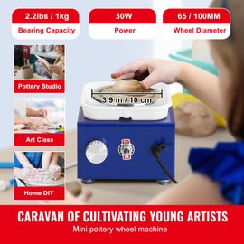 Happybuy Mini Pottery Wheel for Kids & Beginners, 2 Turntables (2.6in/3.9in) Adjustable Speed 0-300RPM, ABS Detachable Basin, 17 Accessories, DIY Art Craft, 30W, Blue