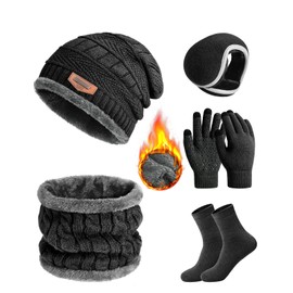 heekpek Mens Hat Scarf Glovers Set Unisex 5PCS Winter Set Fleece Lining Knitted Beanie Hat Earmuffs Neck Warmer Knit Gloves Thermal Socks Gift Set for Skiing Hiking Driving, Black, One Size