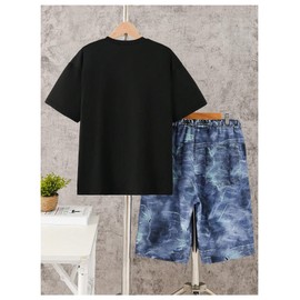 BEAUDRM Boy's 2 Piece Outfits Star Print Short Sleeve Shirts and Elastic Waist Denim Shorts Sets Multicolor 16Y