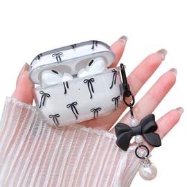 MINSCOSE Compatible with AirPods Pro 2nd/1st Generation Case Clear Case,Cute Ribbon Bow Aesthetic Design with Bow Pearl Keychain, Soft TPU Protective Shockproof Cover for AirPods Pro/Pro 2-Black