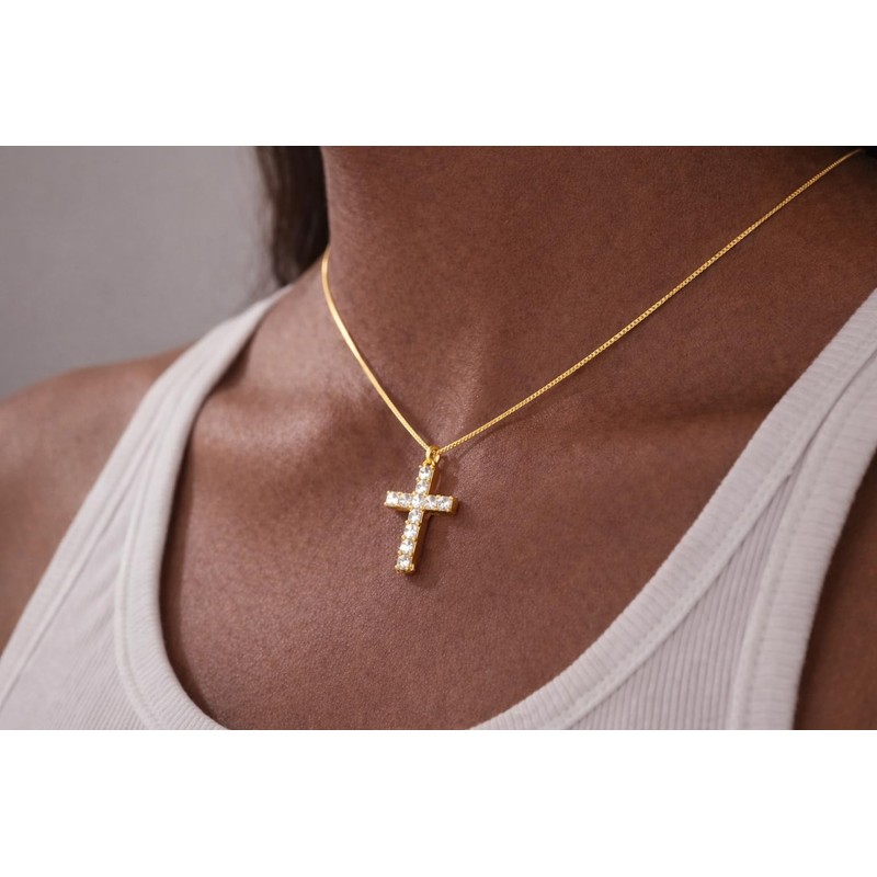 14K Gold Cross Necklace for Women Small Diamond Pendant Charm