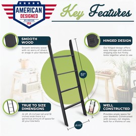 Blanket Ladder for Living Room and Bedroom, 4ft 4-Tier Wall Leaning Laminate Snag Free Construction (Black) Rustic Decorative Farmhouse Blanket Storage, Quilt Rack, Ladder Shelf, Easy Assembly