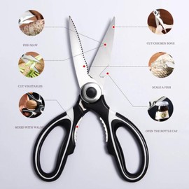 Heavy Duty Kitchen Scissors, Sharp Kitchen Scissors with TPR Grip, Multipurpose Kitchen Shears for Chicken, PoultryMeat, Vegetables, Nuts, Herbs, BBQ,Bottle & Jar Opener (Black)