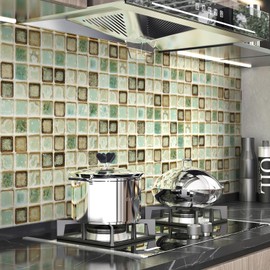 Wallercity Green Mosaic Wallpaper Waterproof Peel and Stick Wallpaper for Bathroom Kitchen Backsplash Vinyl Self Adhesive Grids Contact Paper for Furniture Removable Shower Wall Stickers 15.8''x315''