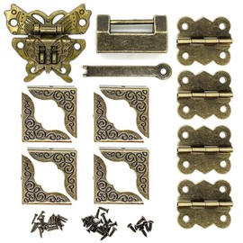 Antique Bronze Butterfly Hasp Latch Buckle Vintage Padlock Lock Latches Box Corner Protectors and Butterfly Hinge Small Wooden Box Hardware Kit for Repair Decorative Jewelry Box Retro Design