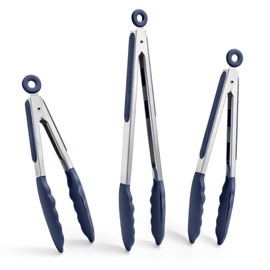 Doosu Kitchen Tongs for Cooking - 600°F Heat Resistant Food Tong Set with Non-Scratch Silicone Tips, Heavy Duty Stainless Steel Locking Tong for BBQ, Grilling Steak, Serving (7+9+12in, Navy Blue)