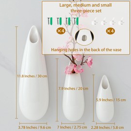 Hanging Ceramic Wall Vases,11.8+7.9+5.9 Inch,Set of 3,Wall Plant Holder,Cubicle Modern Decor Wall Plant Holder Vase for Indoor Plants,Propagation Wall Hanging,Flower Pots for Air Vases,White
