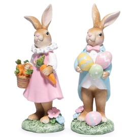 Hodao Easter Bunny Decoration Spring Rabbit Decor Gifts Handcrafted Resin Figurines Colorful and Charming Spring Decor for Home, and Holiday Celebrations (Set of 2) (Brown)