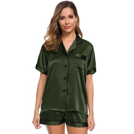 SWOMOG Womens Silk Satin Pajamas Set Short Sleeve Button Down Sleepwear Loungewear 2 Pcs Pj Sets Army Green Medium