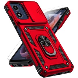 PUSHIMEI Case for Moto G 5G 2024 / Moto G Play 5G 2024 with Slide Camera Cover, HD Screen Protector, Military Grade Drop Tested, Magnetic Ring Holder Kickstand, Red