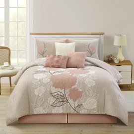 Stratford Park Wonderful 7 Piece Comforter Set, Queen Size, Blush, Modern Design, Matching Bedskirt, Pillows & Shams