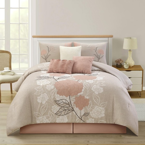 Stratford Park Wonderful 7 Piece Comforter Set, Queen Size, Blush,