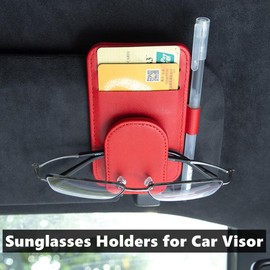 BoAn Sunglass Holder for Car Sun Visor,Magnetic Leather Sunglasses Holder,Auto Visor Accessories,Eyeglasses Holder(Red)