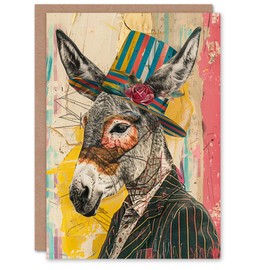 Artery8 Donkey With Top Hat Colourful Mixed Media Collage Blank For Him Or Her Art Birthday Card