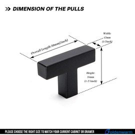 Goldenwarm 10 Pack Black 1/2in Square Bar Cabinet Pull Drawer Handles and Knobs Stainless Steel Single Hole Hardware for Kitchen and Bathroom Cabinets Cupboard 2in(50mm) Overall Length Pull knobs