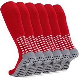 Regilt 3 Pairs Kids Youth Grip Soccer Socks, Non Slip Knee High Soccer Football Sport Socks for Boys Girls Age 8-17 (US, Alpha, Large, Regular, Regular, Red)