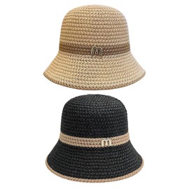 CWPFVQA Pack of 2 Women's Bucket Hats, Women's Crochet Straw Hats, Hollow Mesh Hats, Outdoor Leisure Hats, Breathable Sun Protection Hats, Beach Hats, black