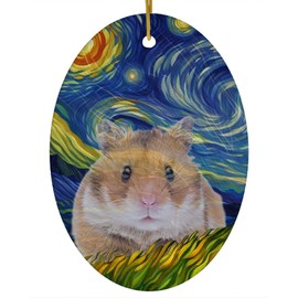 Whimsical Night Sky Syrian Hamster Christmas Ornament White Oval Ceramic - Impressionist Pet Portrait Memorial Keepsake Gifts for Hamster Lovers