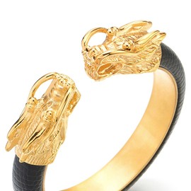 COOLSTEELANDBEYOND Mens Stainless Steel Gold Dragon Cuff Bangle Bracelet Inlaid with Black Leather, Elastic Adjustable