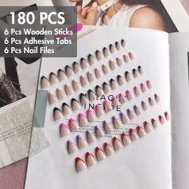 6 Pack French Tip Press On Nails Short Almond, KQueenest Gel French Tip Nails Press ons, Natural Nude Fake Nails Press Ons Design, Classy Glue On Nails for Women Daily Newyear Gift 180 Pcs