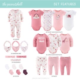 The Peanutshell Baby Layette Gift Set for Baby Girls - 23 Piece New Born Baby Girl Gift Set, Baby Clothes & Newborn Essentials Must Haves - Newborn Baby Girl Clothes 18-24 Months - Rainbow Safari