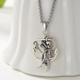 CRWENG Anchor Necklace 925 Sterling Silver Nautical Anchor Skull Necklace for Men Pirate Skull Anchor Pendant Gothic Punk Skeleton Necklace Men's Vintage Jewelry Gift