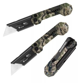 WORKPRO 3 PK Folding Utility Knife Set Axis Lock Box Cutter with Belt Clip Camo