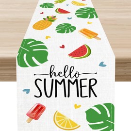 Hello Summer Table Runner, Colorful Fruit Popsicle Palm Leaves Love Heart Seasonal Table Center Decor for Home Kitchen Dining Party Indoor Outdoor Decoration 13x72 Inch.