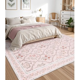 YIHOUSE Pink Floral Print Rugs, Moroccan Trellis 9x12 Washable Large Rug, Modern Pastel Non Slip Ultra-Thin Area Rug for Classroom, Nursery Playroom,Dorm,Bedroom,Living Room, Pink Multi