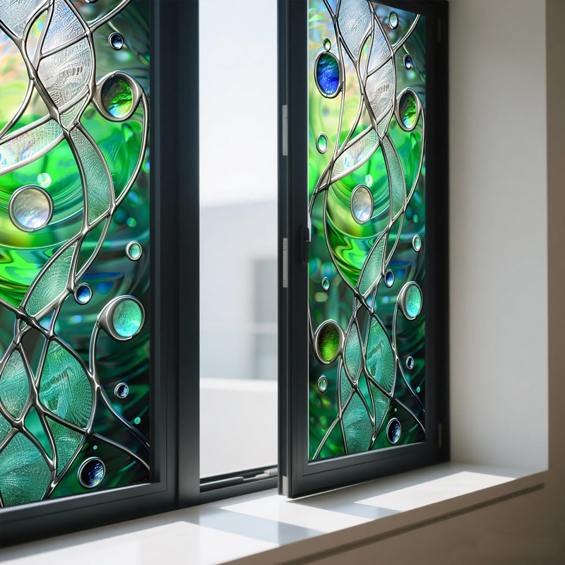 Privacy Window Film Stained Glass Window Blue Green Wave Decorative