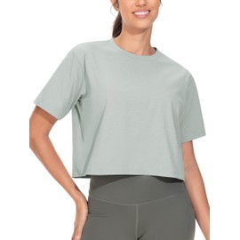 THE GYM PEOPLE Workout Crop Tops for Women Short Sleeve Shirts Loose Fit Yoga Athletic Basic Cropped T-Shirts Grey