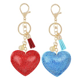 JK Home 2pcs Glitter Crystal Rhinestone Heart Tassel Keychain With Storage Box, Bling Heart Love Tassel Pendant Key Chain Key Holder Key Buckle for Women Girls Home Car Phone Bag Clip Red Skyblue
