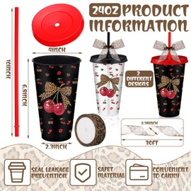Skylety 12 Pack Reusable Cheetah Cherry Plastic Tumbler with Lids and Straws 24 oz Red and Black Leopard Print Themed Party Cups with Ribbon for Birthday Baby Shower Wedding Party Favors(Classic)