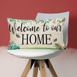 HHERCICIM Welcome to Our Home Throw Pillow Covers,Spring Farmhouse Truck Flower Throw Pillow Cover for Home Decor 20 x 12 Inch