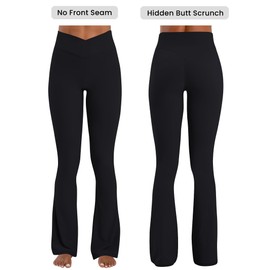 Sunzel No Front Seam Crossover Flare Leggings for Women Hidden Butt Lifting Scrunch Tummy Control Mini Flared Yoga Pants 34" Inseam Black Small