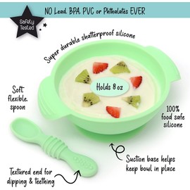 PrimaStella Juego de cuenco antideslizante de silicona irrompible y cuchara para masticar para bebés y niños pequeños (verde)