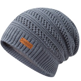 OMECHY Beanie for Men Women Thick Warm Fluffy Lined Knit Winter Hat Slouch Chunky Stretch Plain Cuff Toboggan Cap Grey